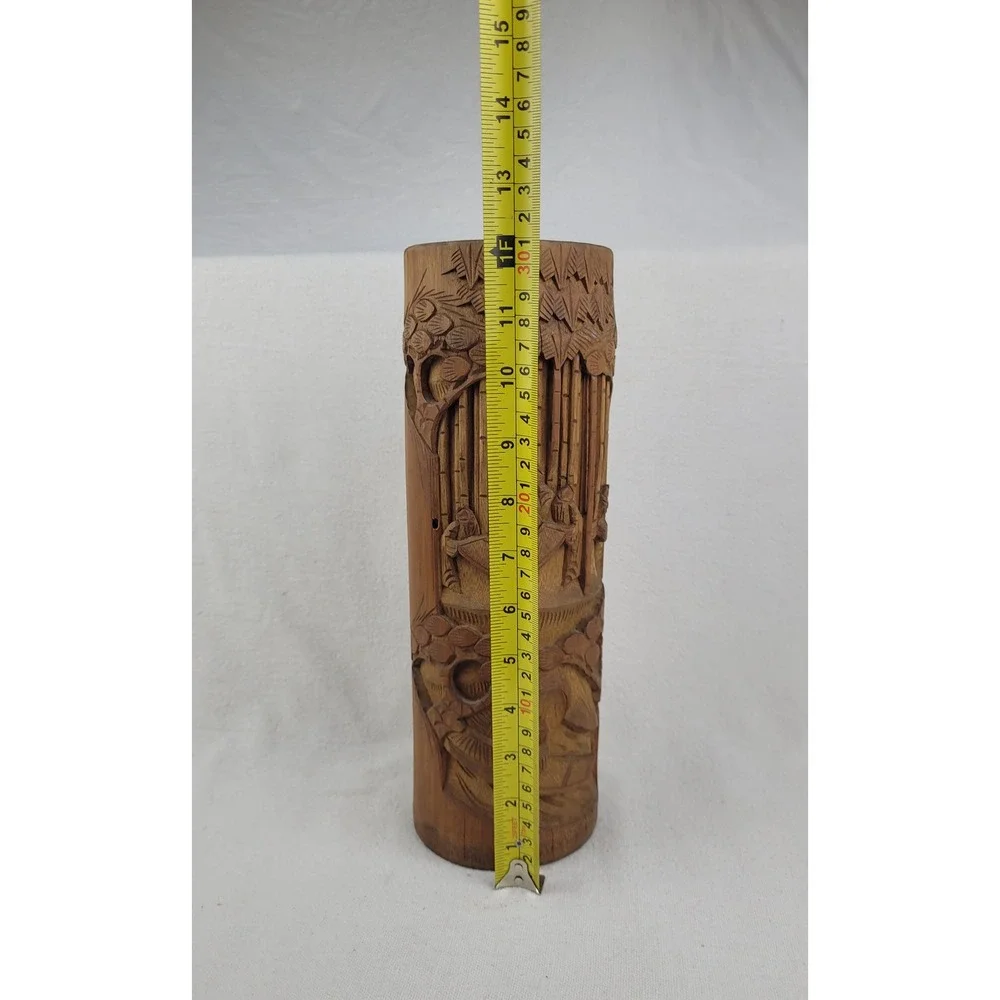 Vintage Hand Carved Bamboo Brush Pot Vase Asian Forest Relief Scene 12 Inch‎